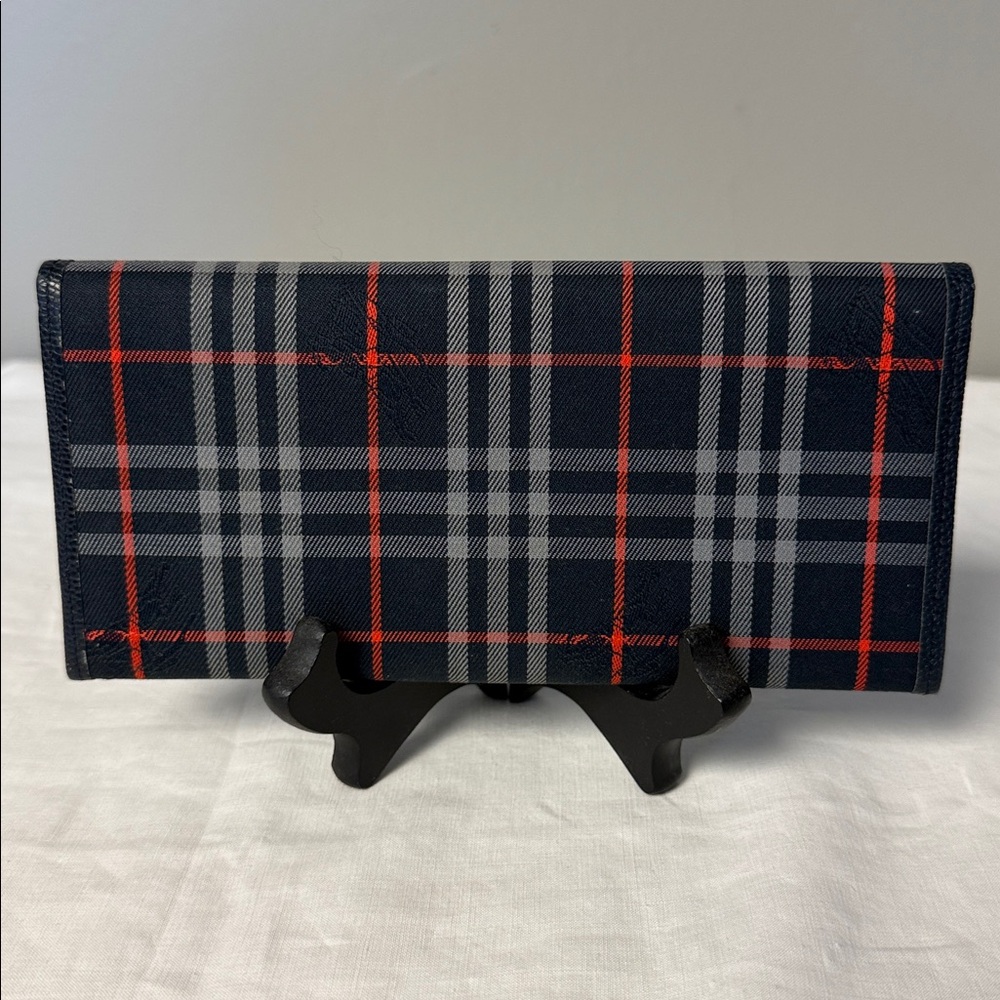 Vintage Burberry Nova Check Crest Long Wallet 90s Canvas Plaid Navy - Picture 4 of 9